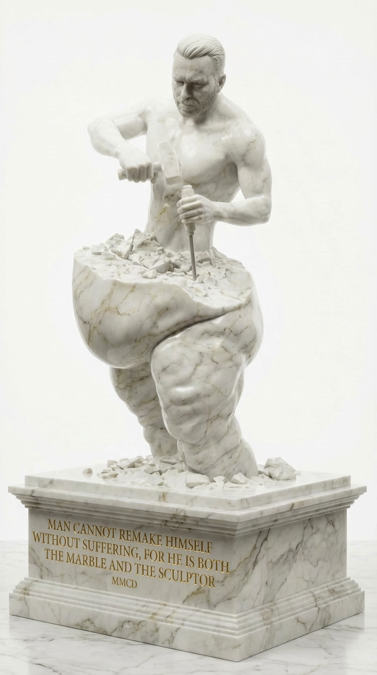 Marble statue of man sculpting himself with hammer and chisel